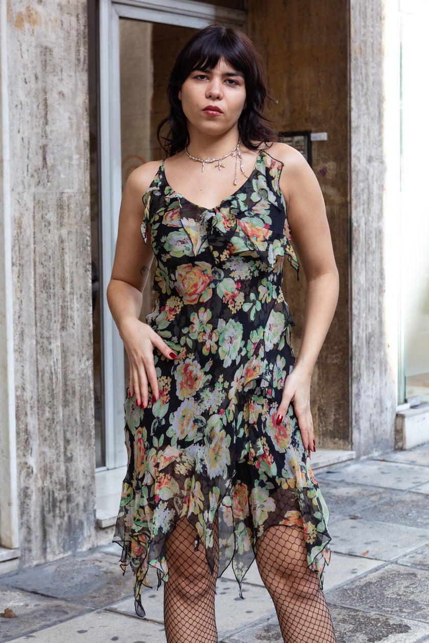 Vintage 100% silk floral asymmetrical dress with ruffle detailing (XS/S)