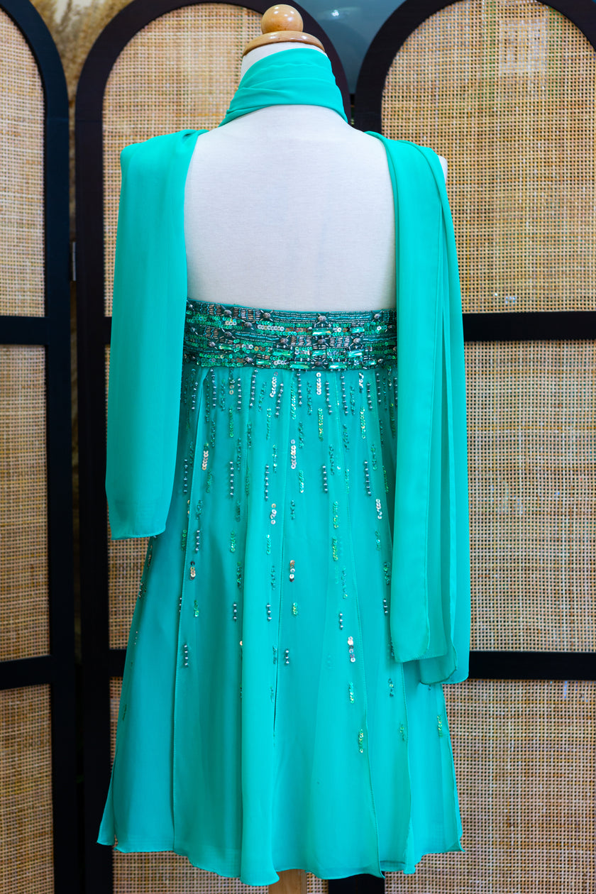 Allure Emerald Green Strapless Party Dress – Sequin Embellished Bodice & Sheer Chiffon Wrap (new with tags)