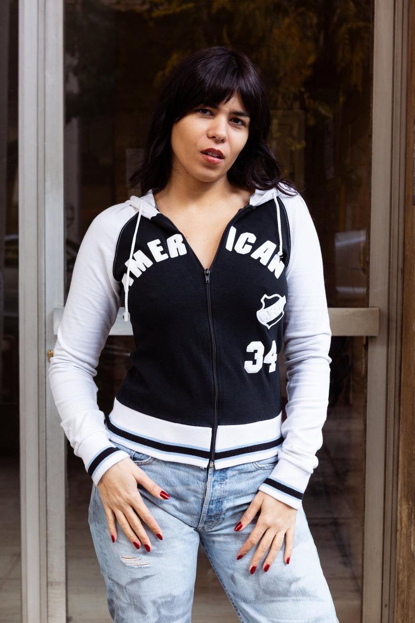 Black & White “American” Varsity-Style Zip-Up Hoodie (S/L)