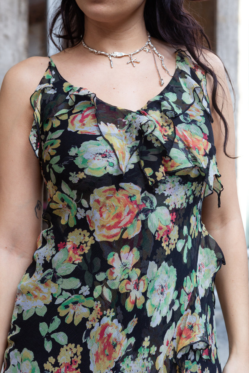 Vintage 100% silk floral asymmetrical dress with ruffle detailing (XS/S)