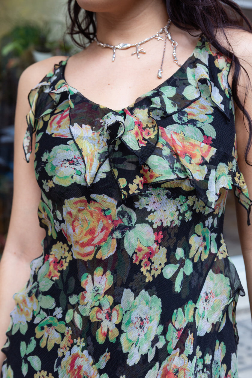 Vintage 100% silk floral asymmetrical dress with ruffle detailing (XS/S)