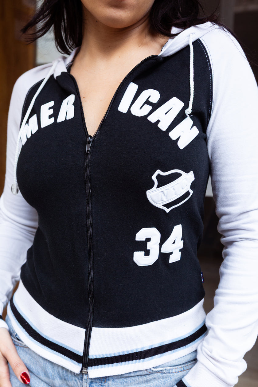 Black & White “American” Varsity-Style Zip-Up Hoodie (S/L)