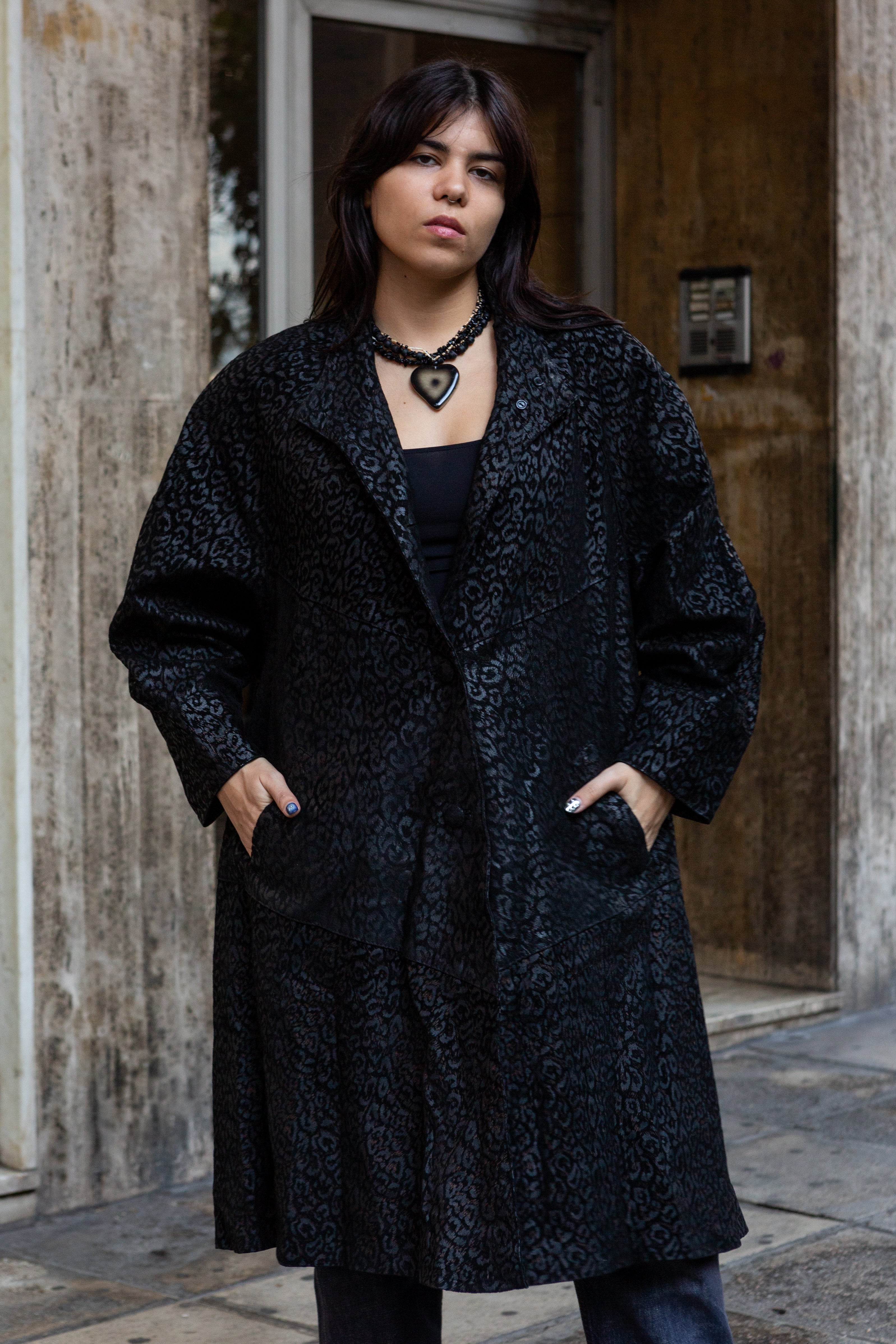 Vintage genuine leather jacket with animal print patern (L)