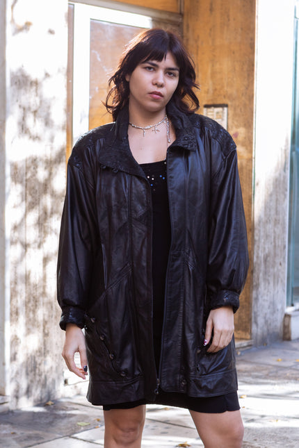 Super hot black leather jacket with animal-print details (L)