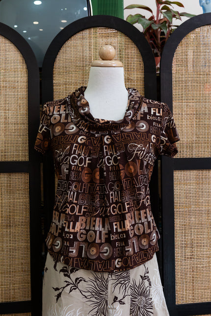 Vintage Letter Print Cowl Neck Top