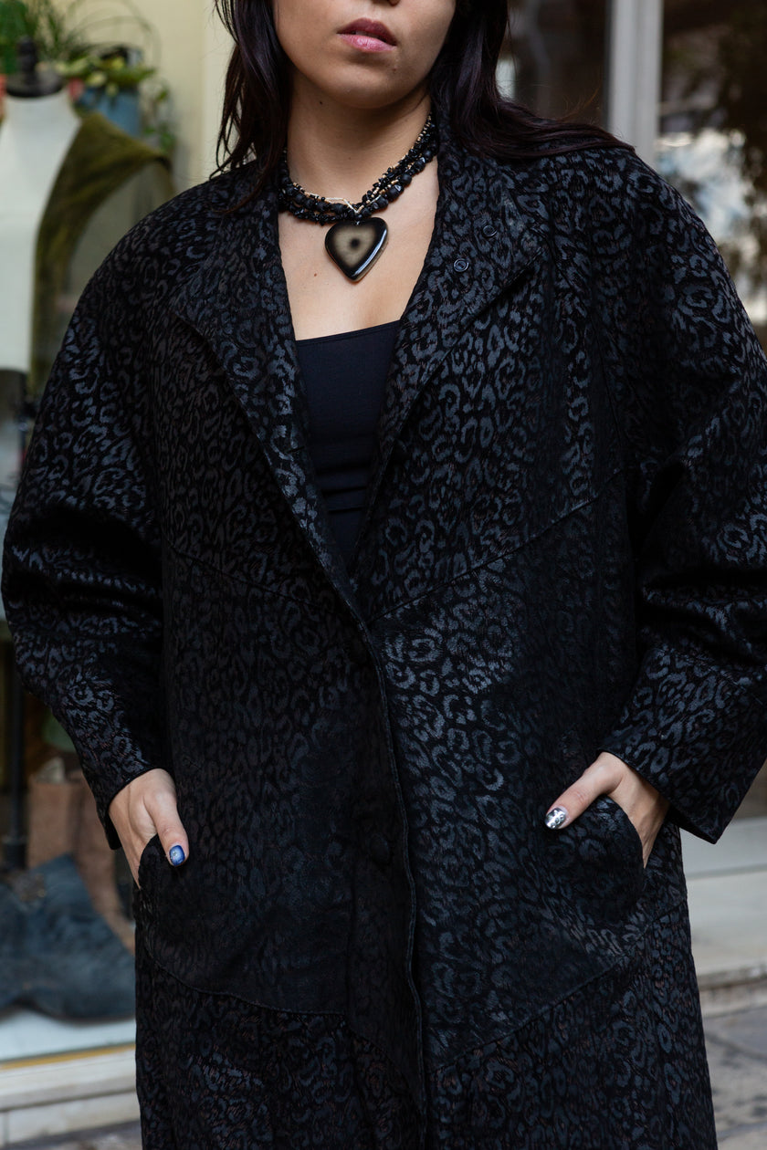 Vintage genuine leather jacket with animal print patern (L)