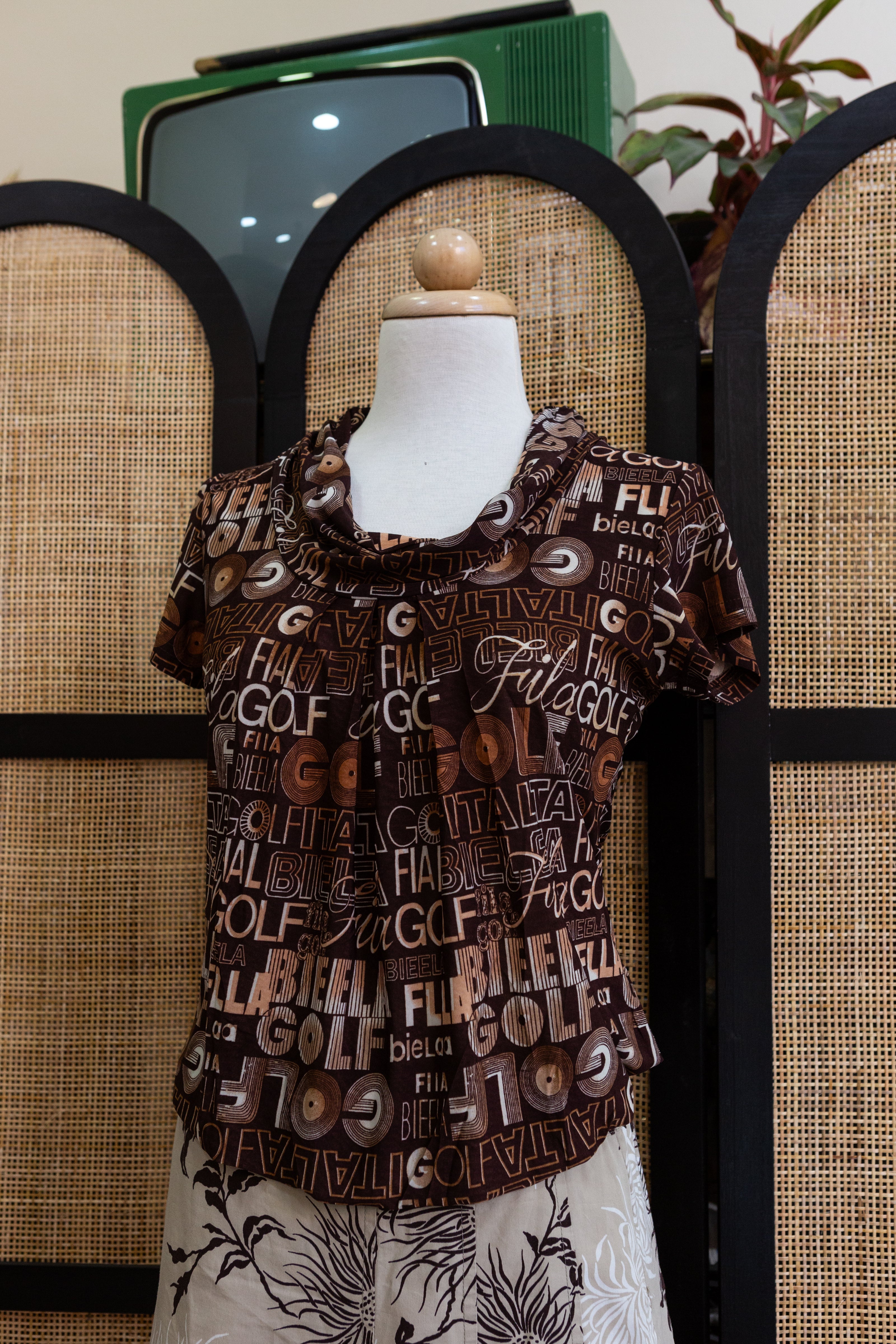 Vintage Letter Print Cowl Neck Top
