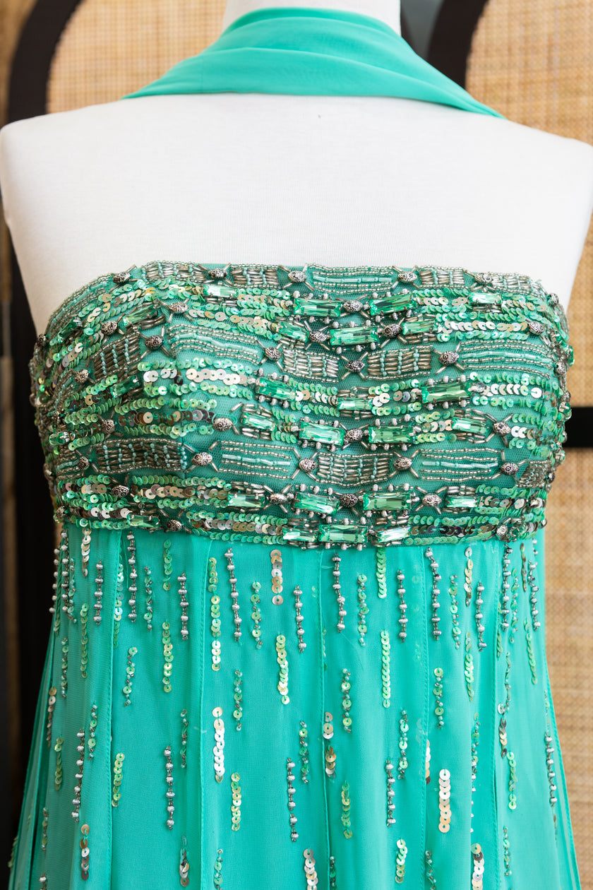 Allure Emerald Green Strapless Party Dress – Sequin Embellished Bodice & Sheer Chiffon Wrap (new with tags)