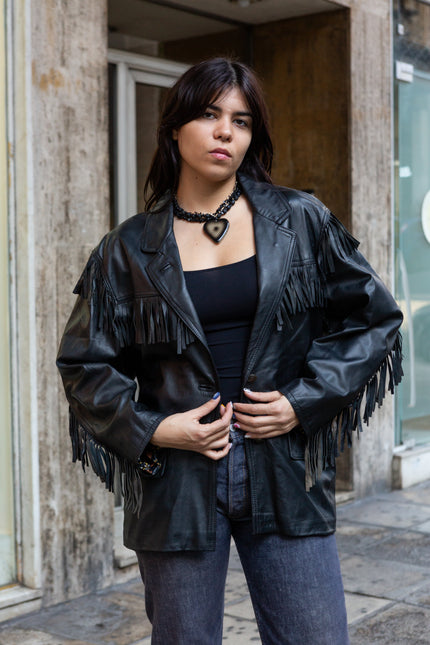 Vintage genuine leather western style jacket with fringe(L)