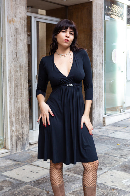 Simona Barbieri Classic Black Jersey Dress with Deep V-Neck & 3/4 Sleeves (S/M)