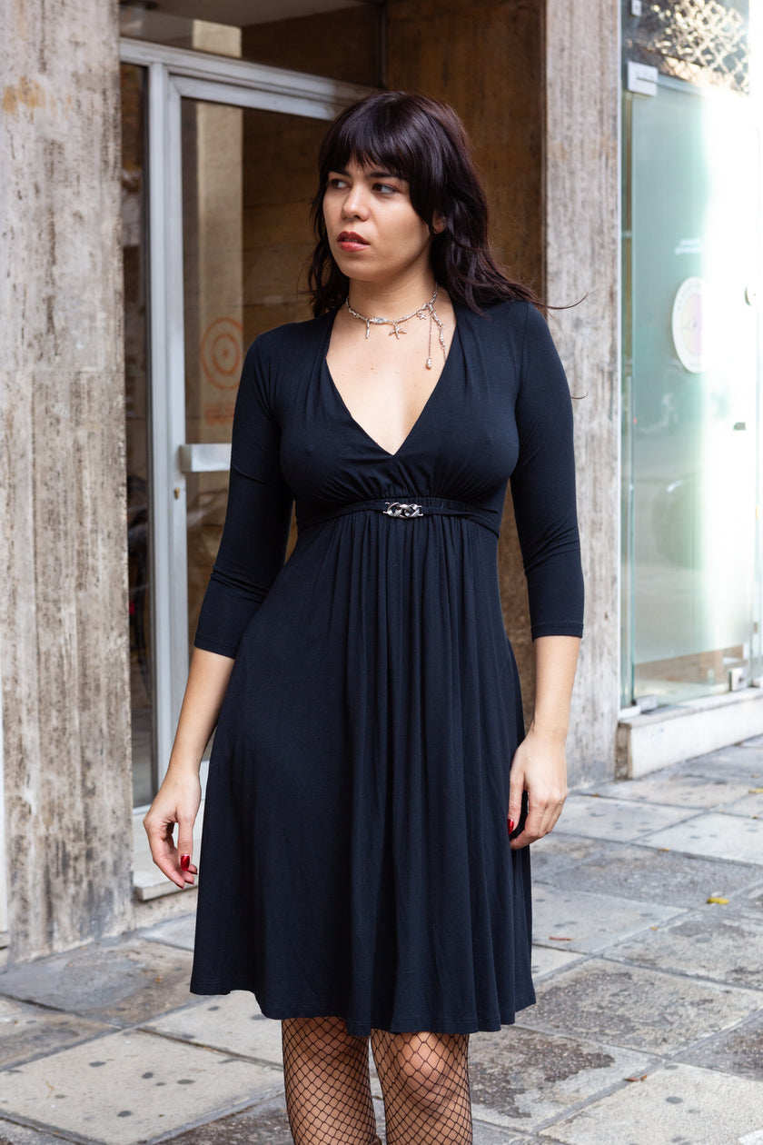 Simona Barbieri Classic Black Jersey Dress with Deep V-Neck & 3/4 Sleeves (S/M)