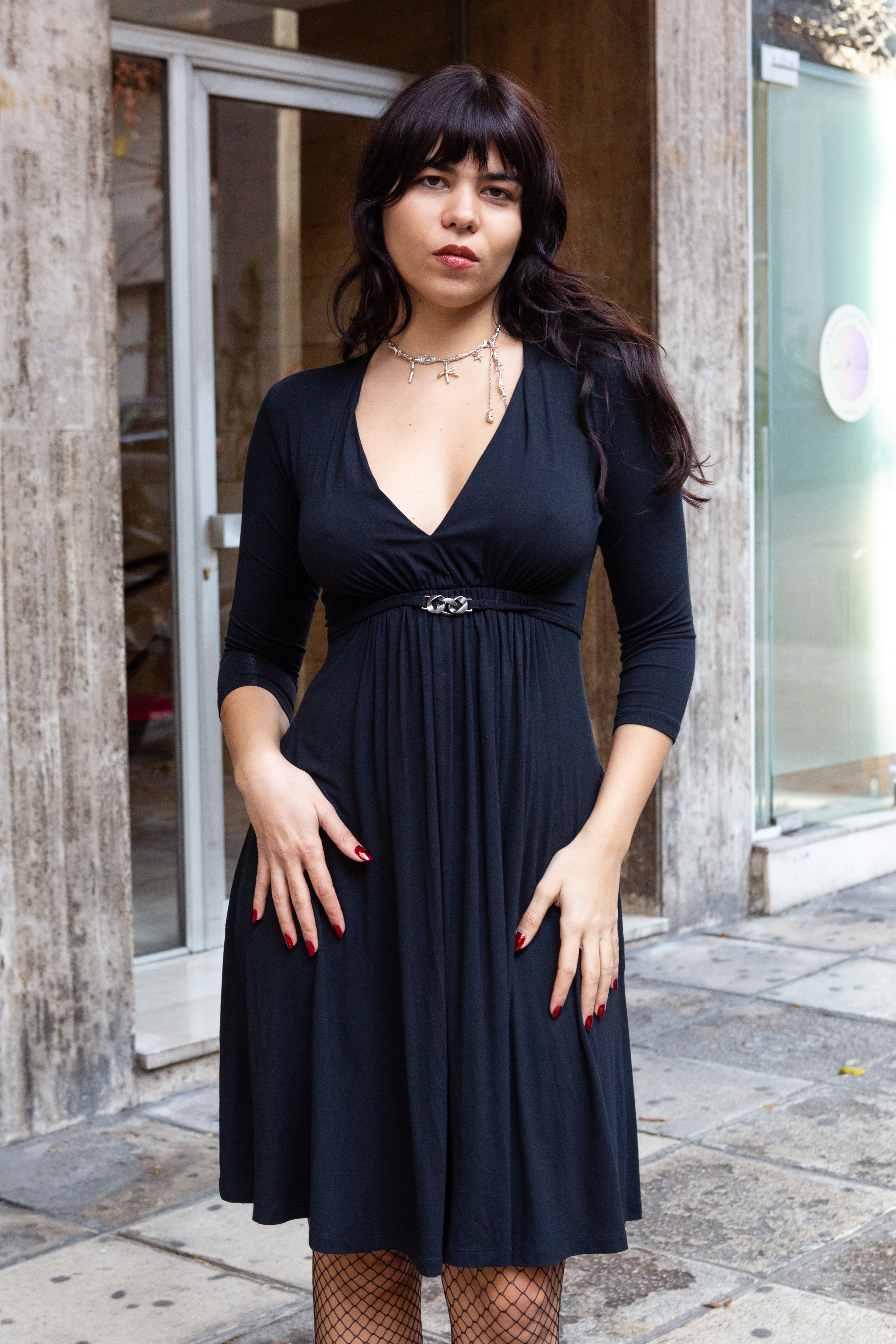 Simona Barbieri Classic Black Jersey Dress with Deep V-Neck & 3/4 Sleeves (S/M)