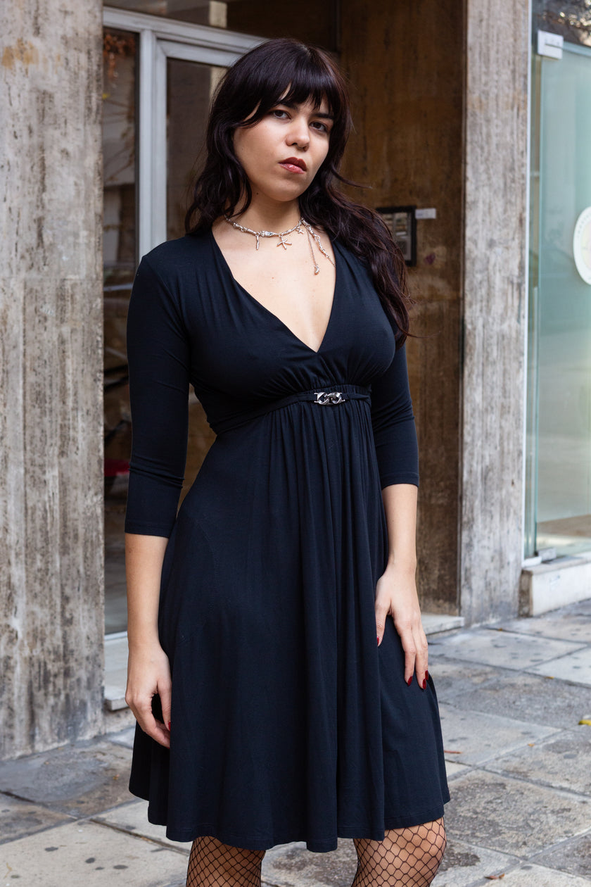 Simona Barbieri Classic Black Jersey Dress with Deep V-Neck & 3/4 Sleeves (S/M)