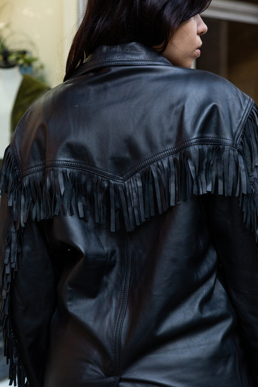 Vintage genuine leather western style jacket with fringe(L)