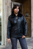 Vintage genuine leather jacket with faux fur colar (L)
