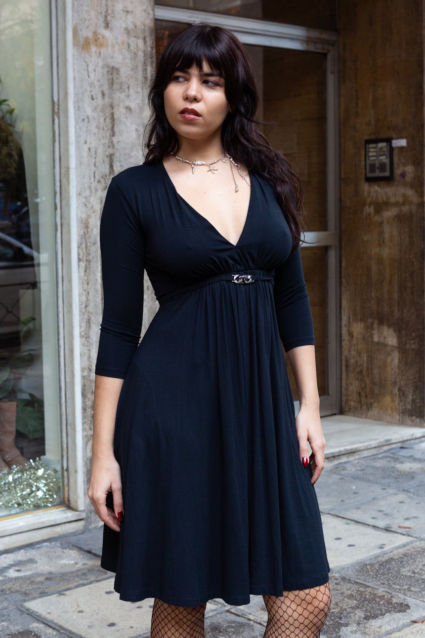 Simona Barbieri Classic Black Jersey Dress with Deep V-Neck & 3/4 Sleeves (S/M)