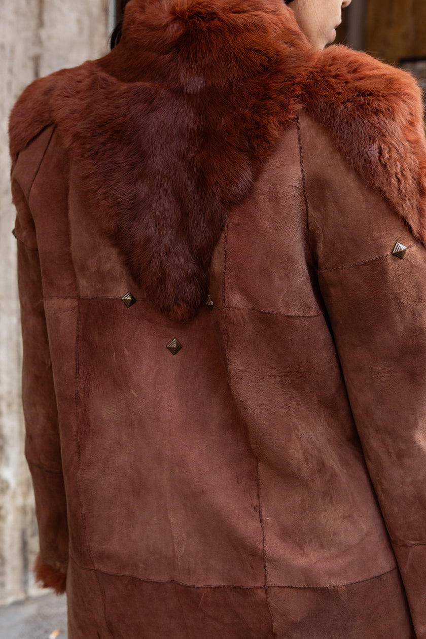 Vintage brown genuine shearling coat with fur lininng (M/L)