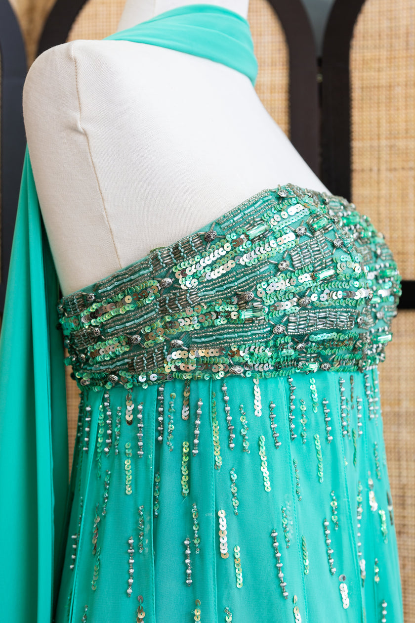 Allure Emerald Green Strapless Party Dress – Sequin Embellished Bodice & Sheer Chiffon Wrap (new with tags)