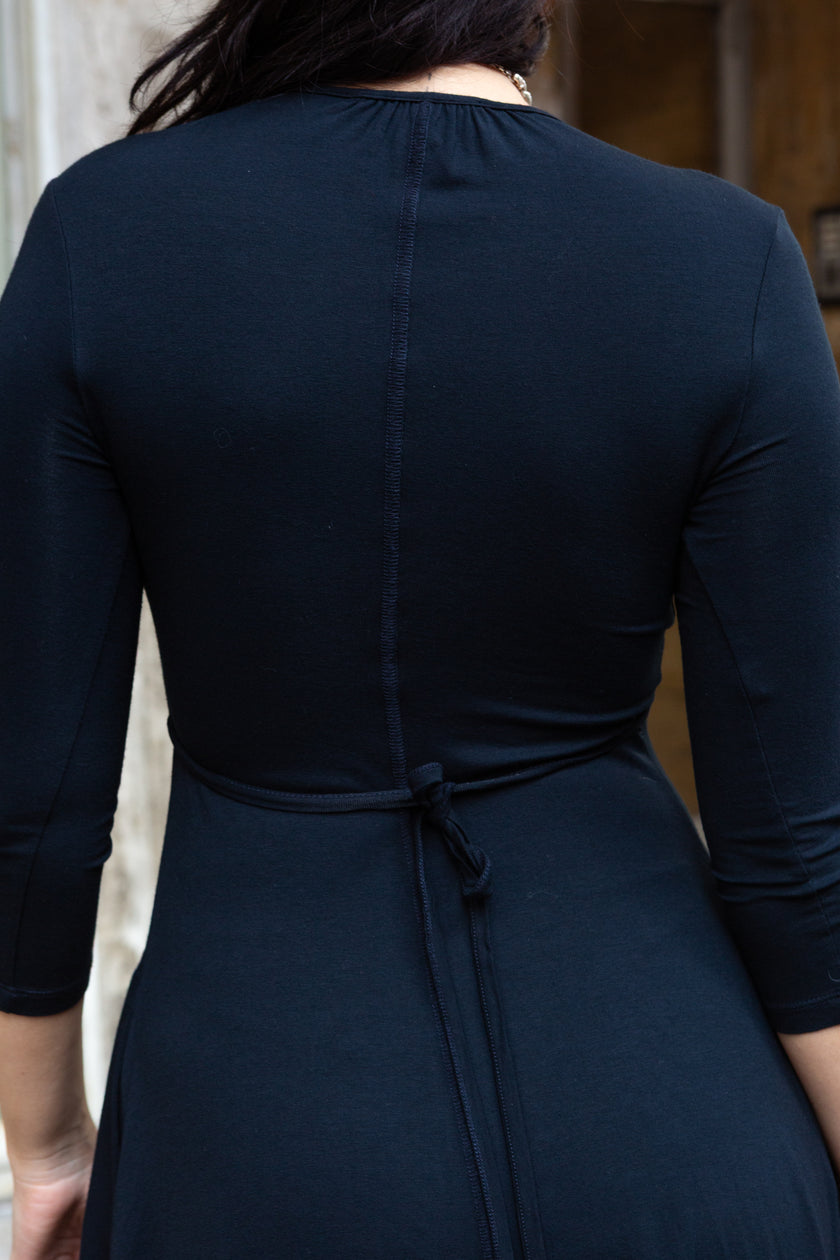 Simona Barbieri Classic Black Jersey Dress with Deep V-Neck & 3/4 Sleeves (S/M)