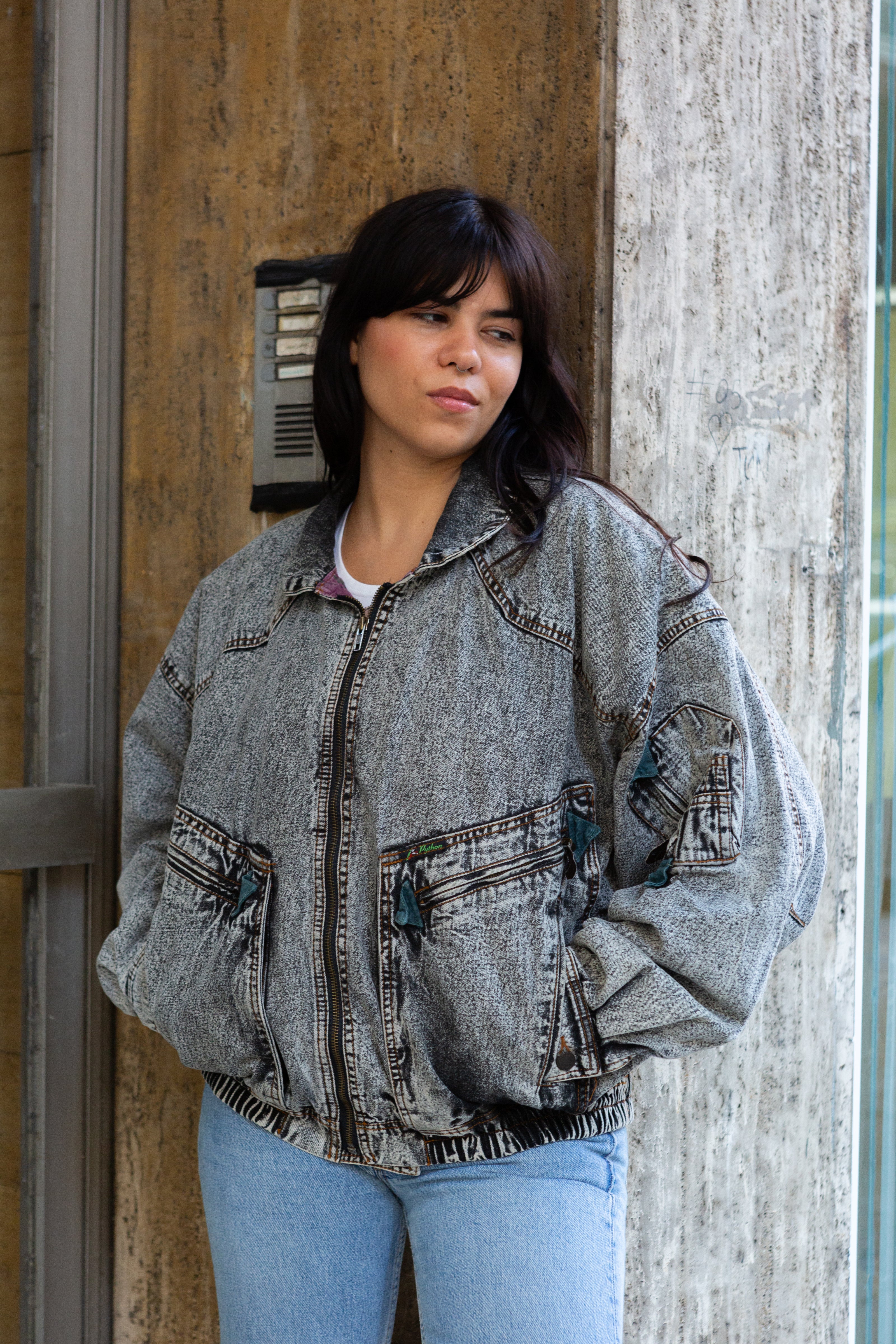 Python super cool bomber jean jacket