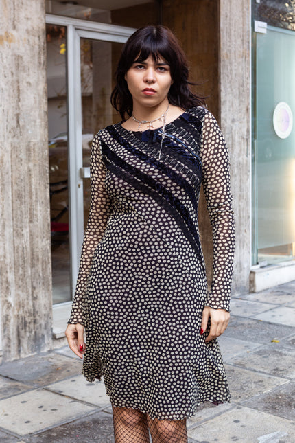 Vintage mesh polka dot dress with velvet detailing (M/XL)