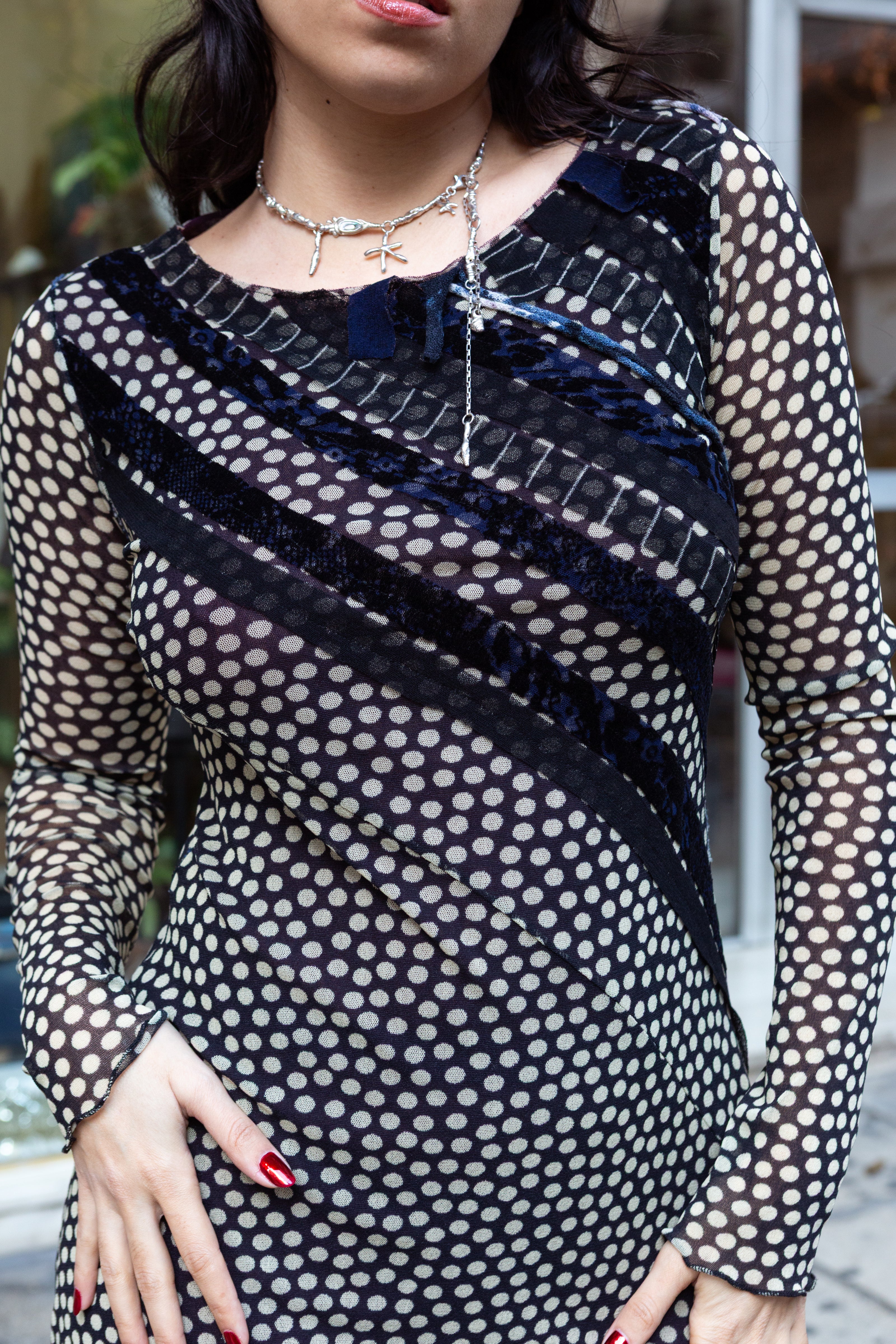 Vintage mesh polka dot dress with velvet detailing (M/XL)