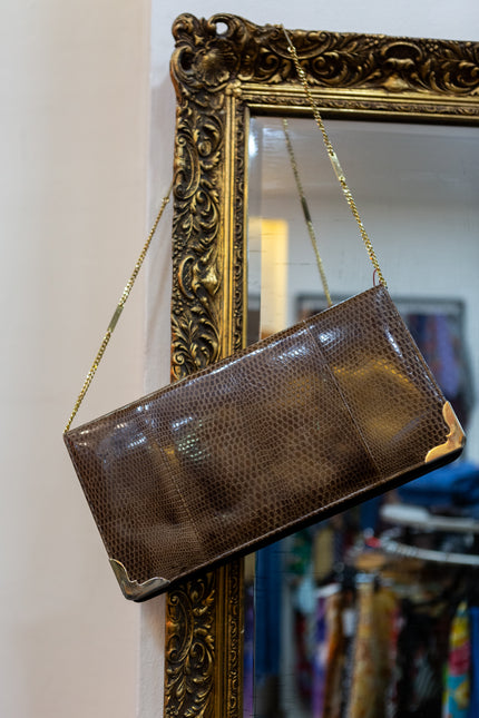 Vintage Brown Lizard-Embossed Clutch with Gold Chain