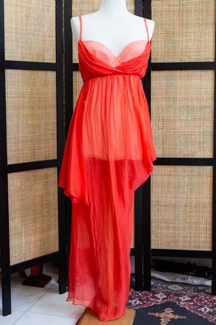 Deadstock Vintage Sheer Scarlet Asymmetrical Chiffon Dress