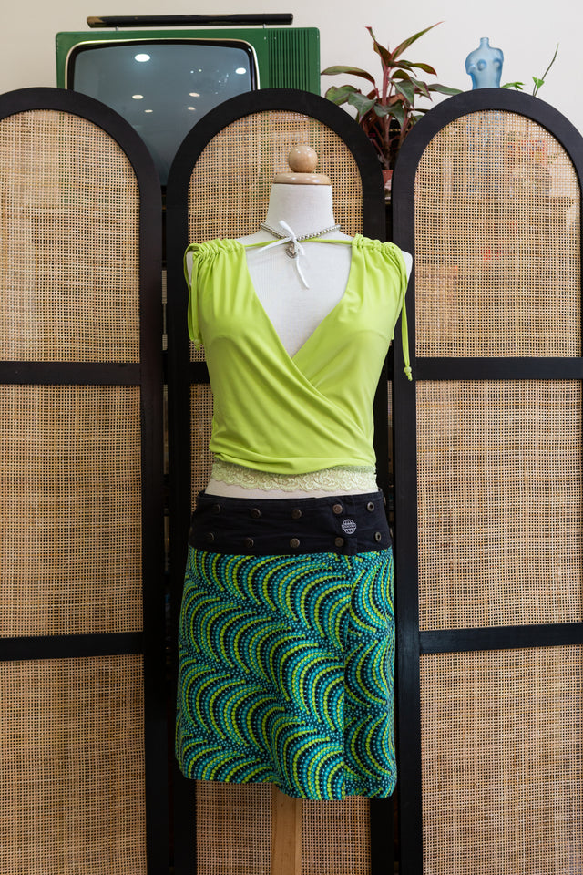 Reversible Snap Skirt – Vibrant Floral & Dot Print Wrap in Teal & Lime