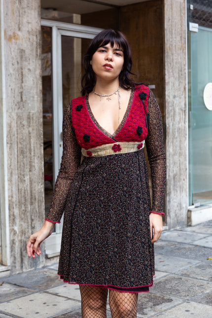 Vintage Boho Layered Dress with Crochet Bodice & Sheer Sleeves (M)