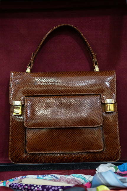 Vintage Structured Brown Faux Snakeskin Handbag – Classic 1960s Style with Gold-Tone Hardware
