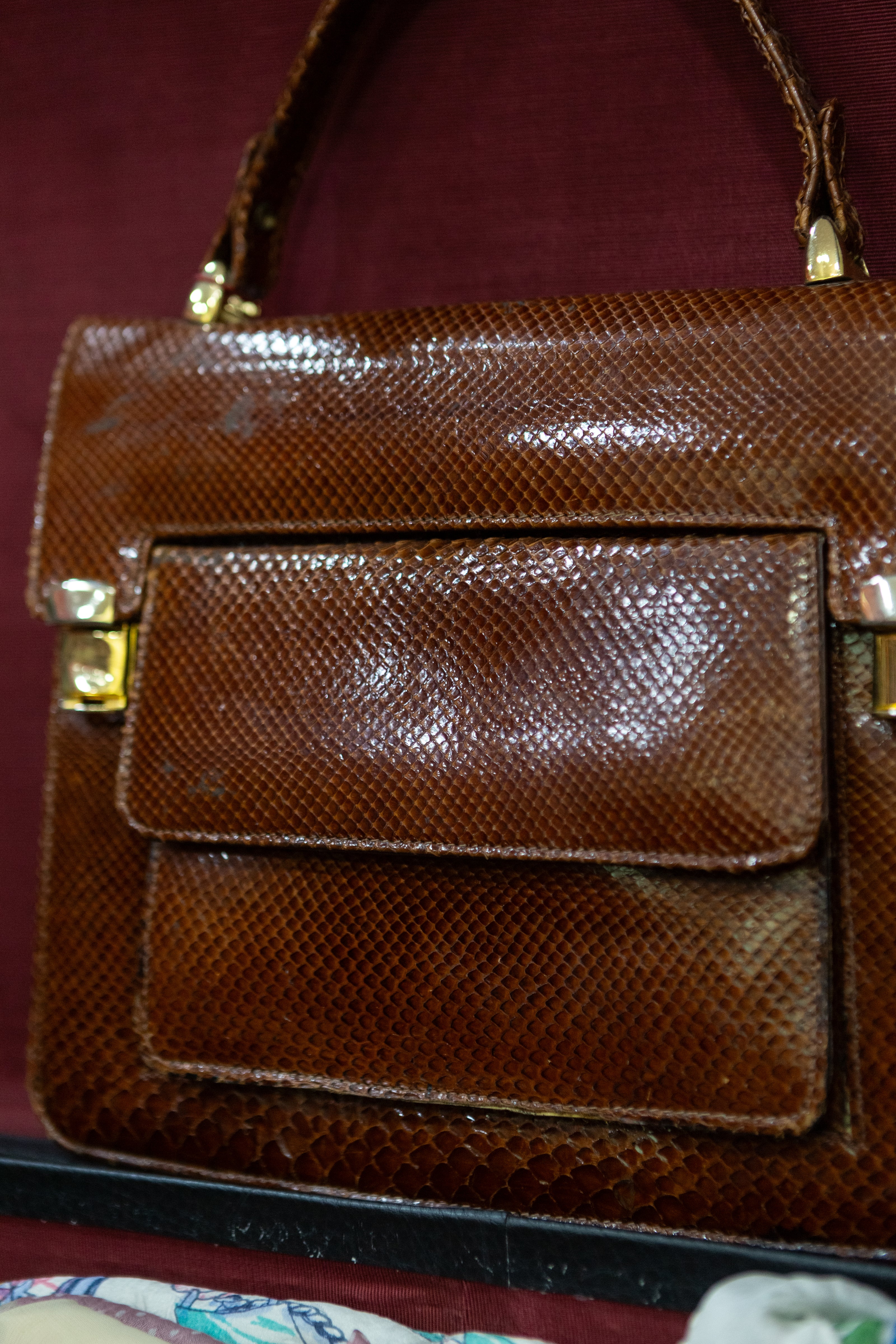Vintage Structured Brown Faux Snakeskin Handbag – Classic 1960s Style with Gold-Tone Hardware