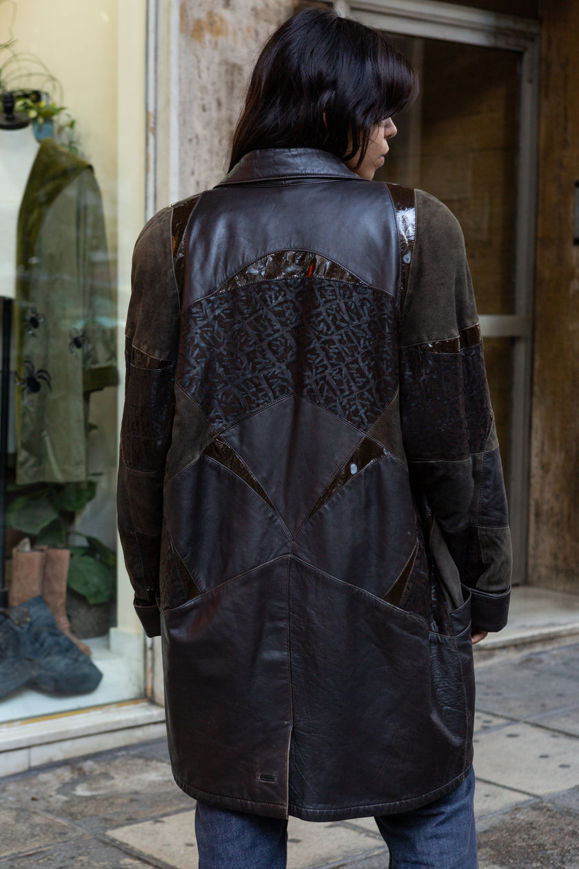 Vintage dark brown leather jacket with patent leather & suede details