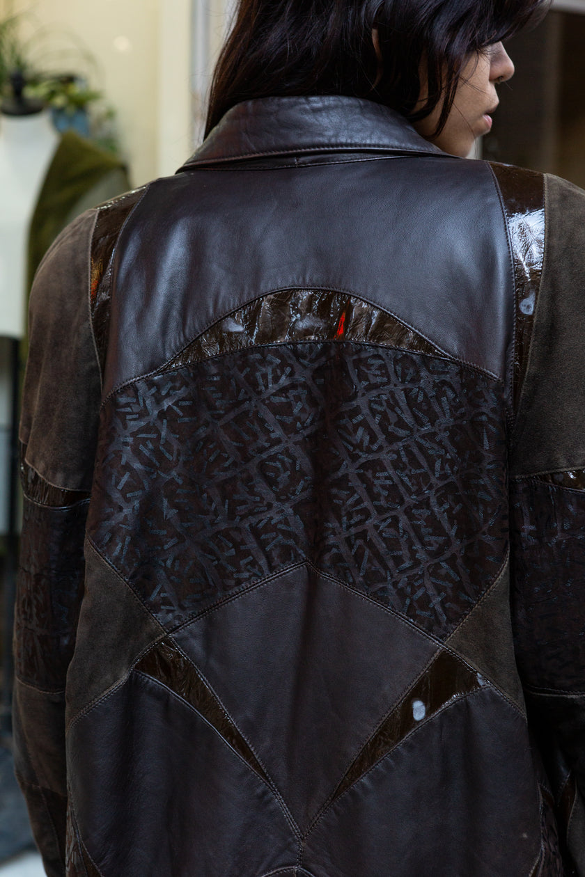 Vintage dark brown leather jacket with patent leather & suede details