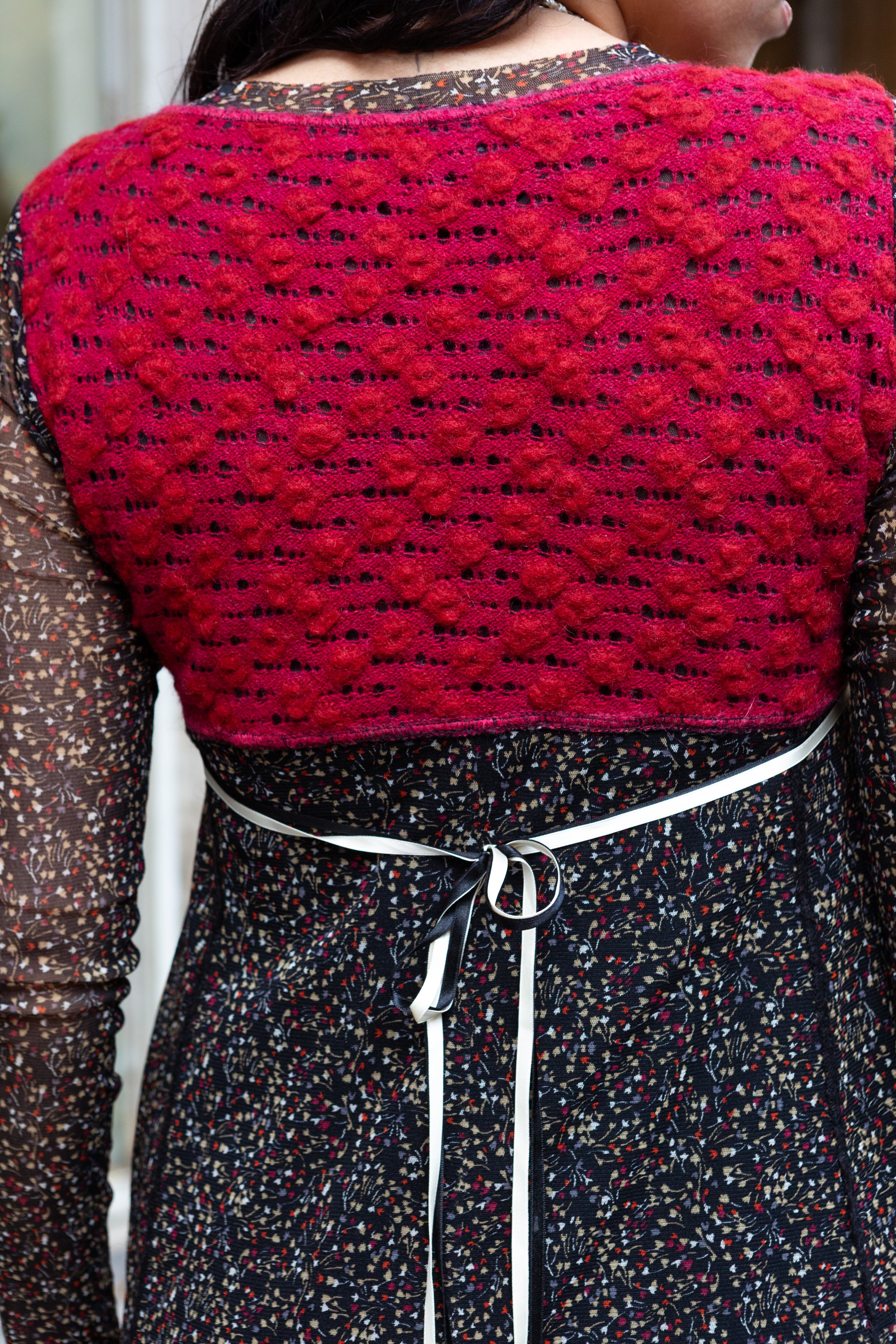 Vintage Boho Layered Dress with Crochet Bodice & Sheer Sleeves (M)