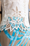 Vintage Ivory Linen Corset Top with Cutout Lace Hem