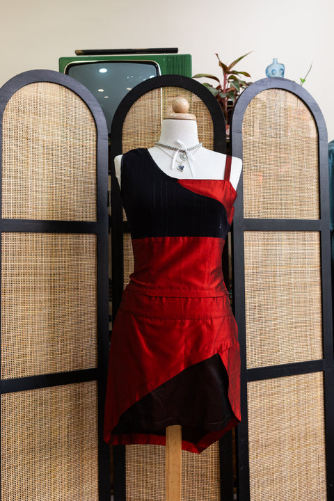 Super Hot Two-Piece Set – Asymmetrical Red & Black Corset Crop + Mini Skirt