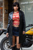 Super hot long leather black jacket with belt