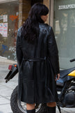 Super hot long leather black jacket with belt