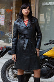 Super hot long leather black jacket with belt