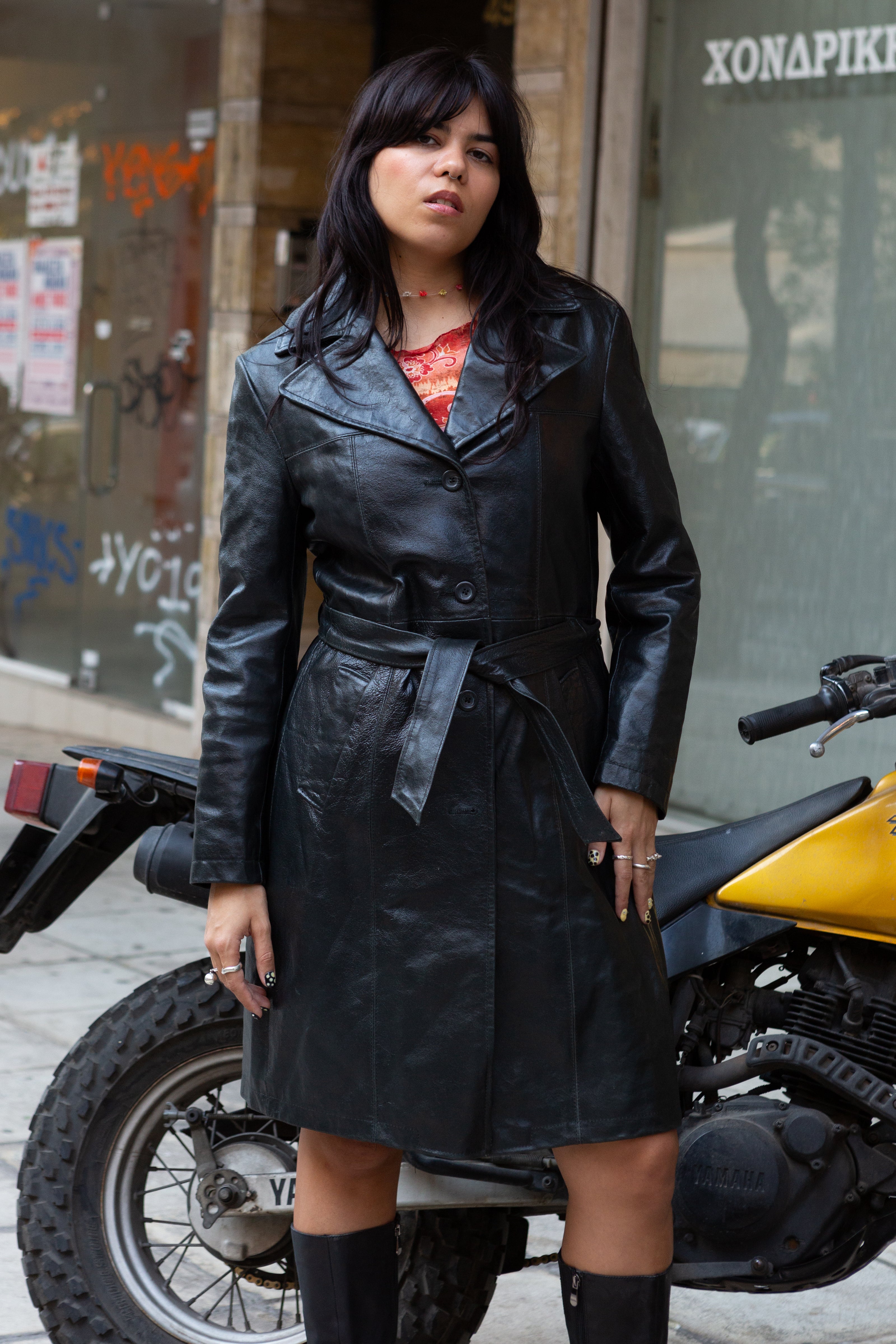 Super hot long leather black jacket with belt