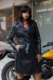 Super hot long leather black jacket with belt