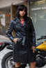 Super hot long leather black jacket with belt