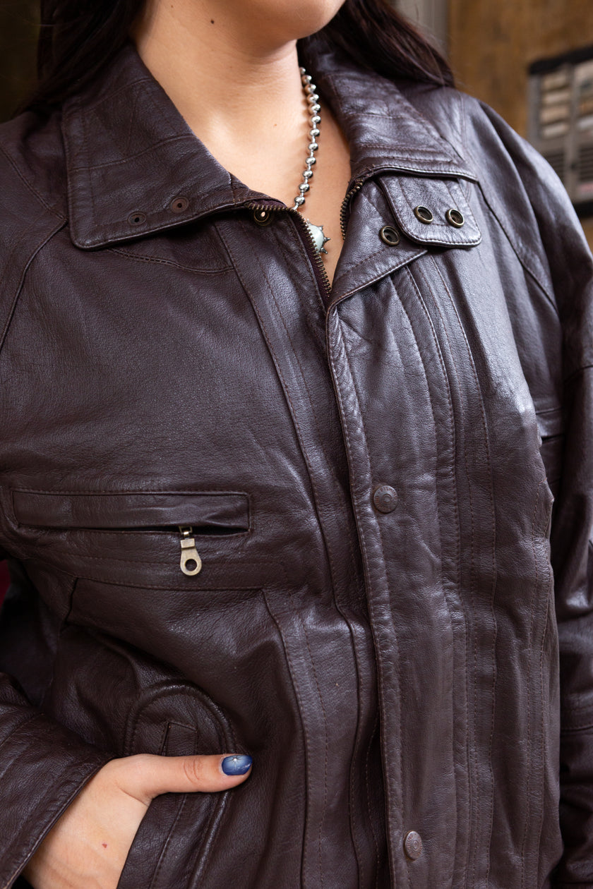 Vintage genuine leather dark brown bomber jacket