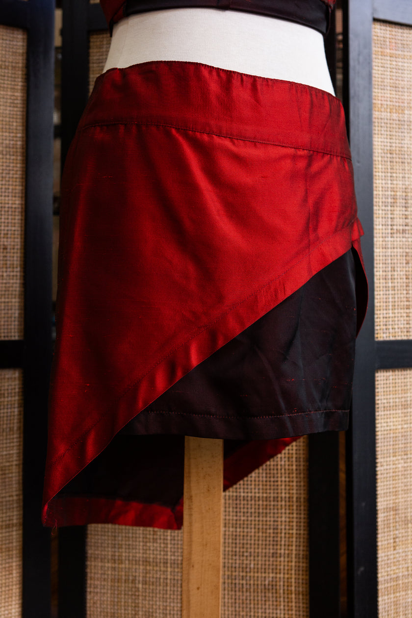 Super Hot Two-Piece Set – Asymmetrical Red & Black Corset Crop + Mini Skirt