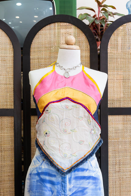 Festival Scarf Top – Patchwork Halter with Embroidery & Fringe