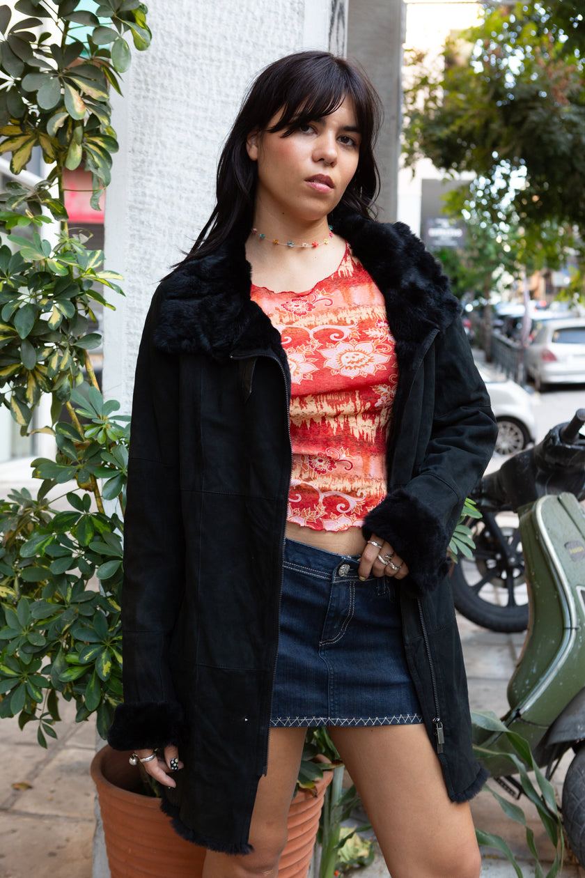 Long leather jacket with genuine fur lining