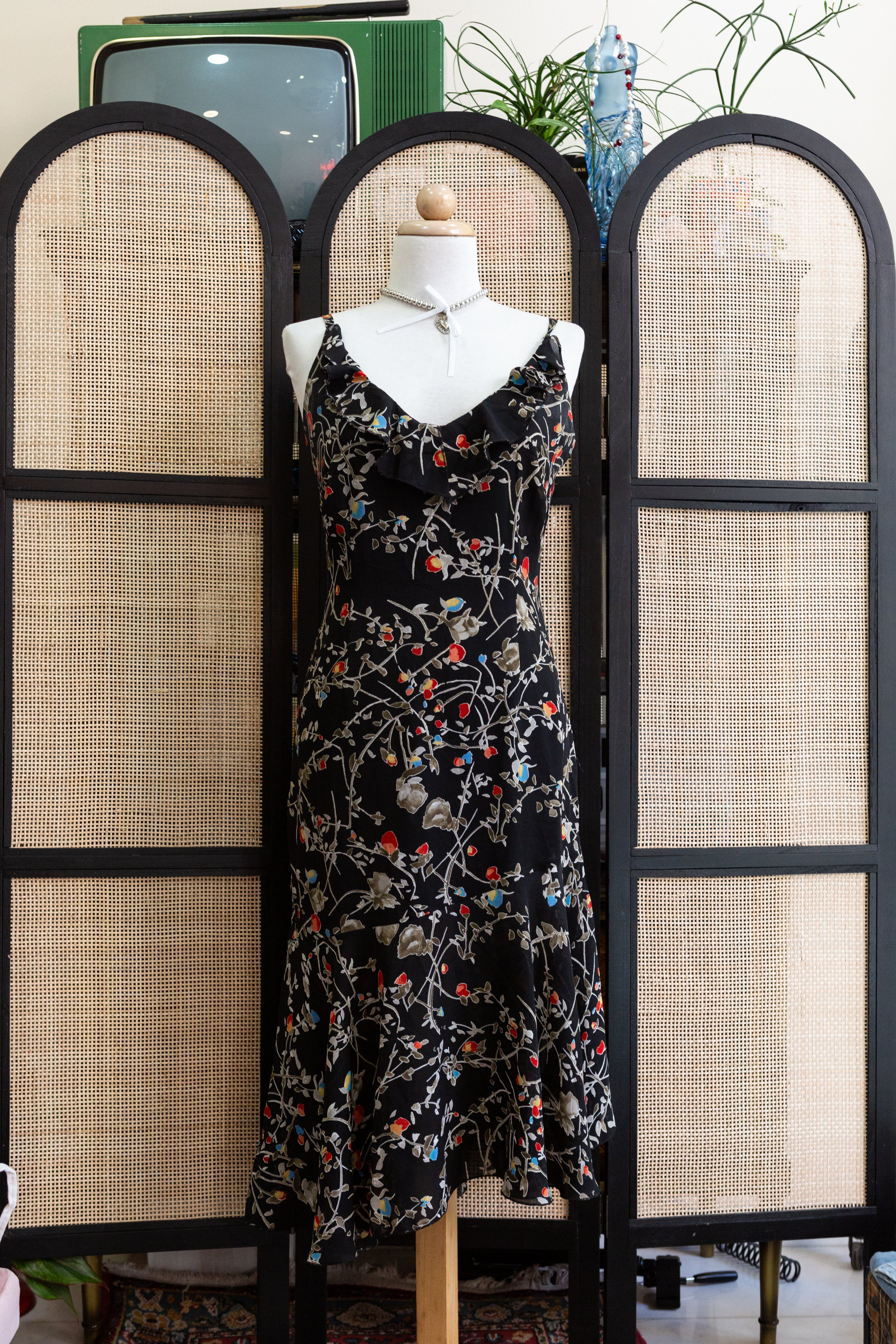 90s Floral Midi with Ruffle Neckline