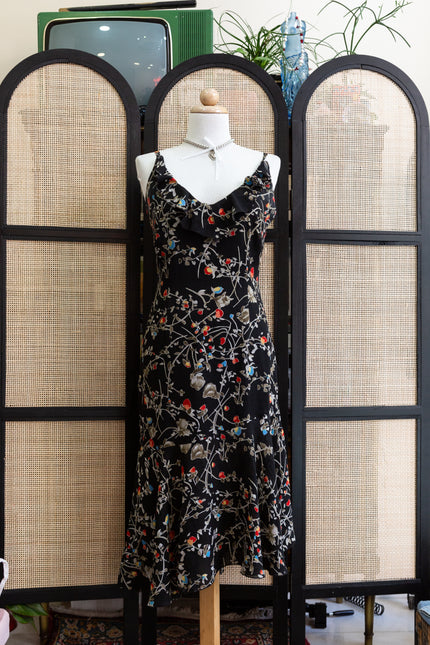 90s Floral Midi with Ruffle Neckline