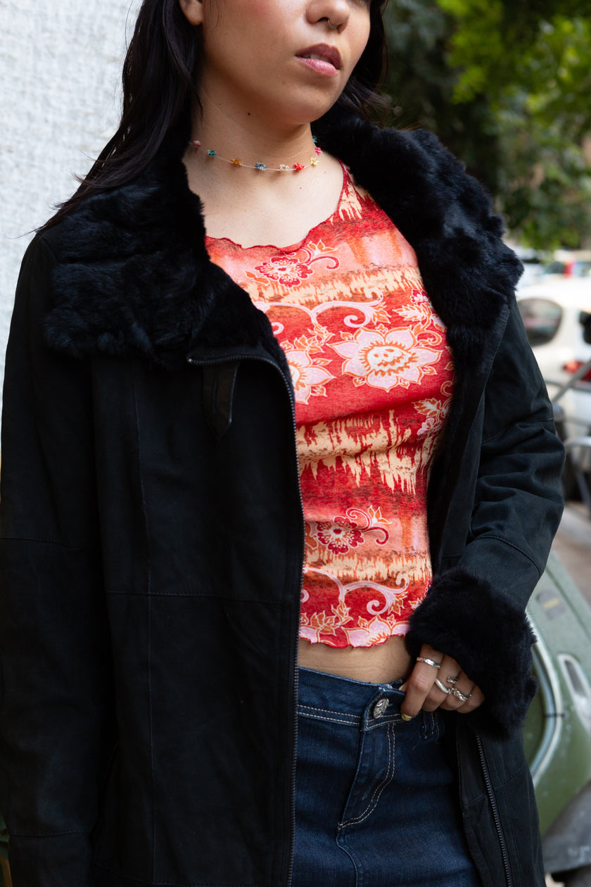 Long leather jacket with genuine fur lining